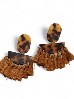 Tortoiseshell Resin Tassel Statement Earrings in Mustard Brown